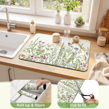 LOKHOM Dish Drying Mat for Kitchen Counter, 12"x20" Absorbent Coffee Bar Mat with Spring Summer Herb Plant, Wildflower Floral Dish Drainer Rack Mat for Kitchen Counter