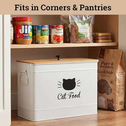 Cat Food Storage Container with Scoop - 15 lb (50 Cup) Capacity Metal Cat Food Container with Airtight Bamboo Lid & Metal Scoop - Airtight Pet Food Storage Containers - 15 lb Treats & Kibble Container