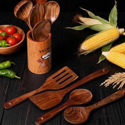 Wooden Spoons for Cooking, 10 Pcs Acacia Wood Cooking Utensils Set with Hand Painted Holder, Wooden Kitchen Utensils Set for Nonstick Cookware, Gift Box