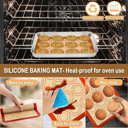 P&P CHEF 9 Inch Baking Oven Sheet Pan with Rack & Mat for Cookie, Stainless Steel Oven Sheet Tray Cooling Rack and Silicone Mat for Baking & Roasting, Dishwasher Safe & Healthy, 3Pcs