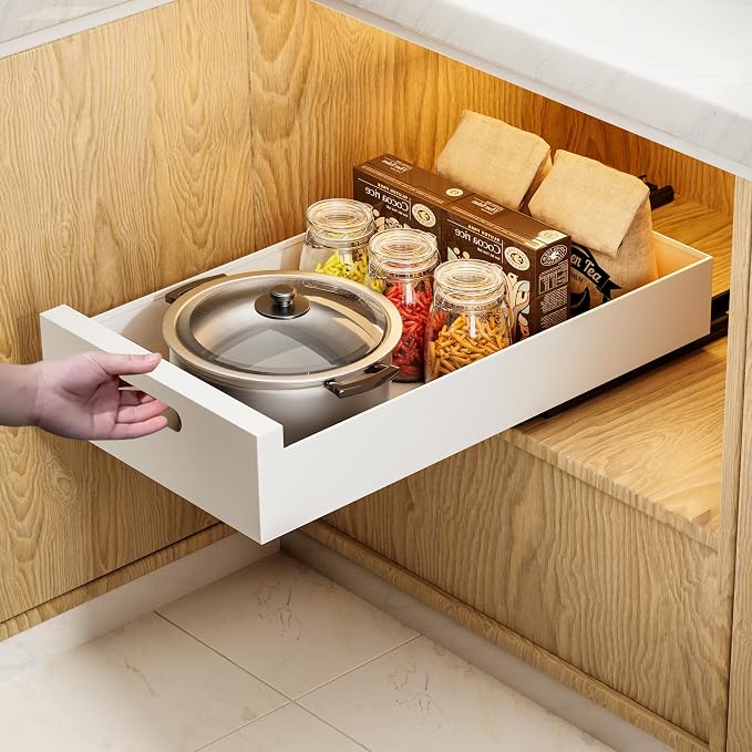 HBL' 1 Pack | 21" Deep Pull Out Cabinet Organizer Adhesive, 12-Inch Wide Sturdy Carbon Steel Roll-Out Drawers, Designed for Frameless Cabinets, Slide-Out Shelves for Pantry.