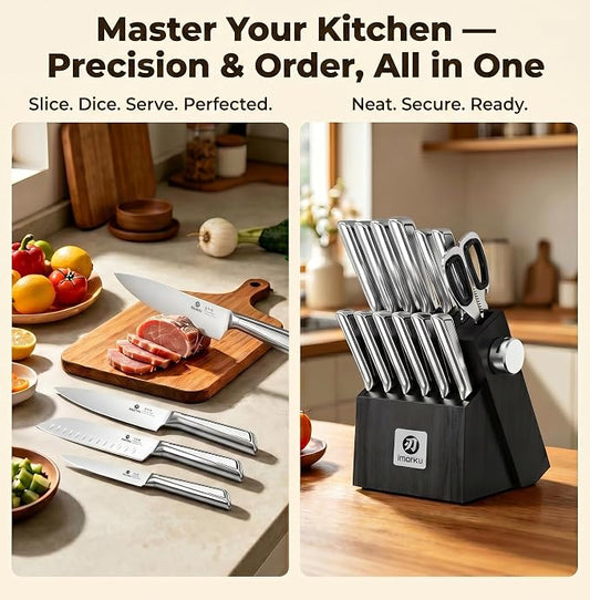 imarku 14-Piece Knife Set with Block, One Set for Meat, Fish, Veggies & Bread, Glides Through Every Cut, High Carbon Stainless Steel with Built-in Sharpener, Dishwasher Safe,Ergonomic Non-Slip Handle