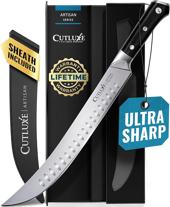 Cutluxe Butcher Knife – 10″ Cimeter Breaking Knife for BBQ & Brisket, Razor Sharp Forged German Steel, Full Tang Meat Carving Knife, Pakkawood Handle, Grilling Gifts for Men – Artisan Series