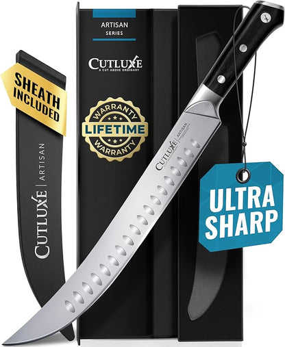 Cutluxe Butcher Knife – 10″ Cimeter Breaking Knife for BBQ & Brisket, Razor Sharp Forged German Steel, Full Tang Meat Carving Knife, Pakkawood Handle, Grilling Gifts for Men – Artisan Series