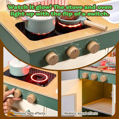 Kids Play Kitchen Toddler Kitchen Playset with Play Food Set Pretend Cooking Set with Sink, Stove, Microwave Wooden Toys Kitchen Gift for Girls and Boys