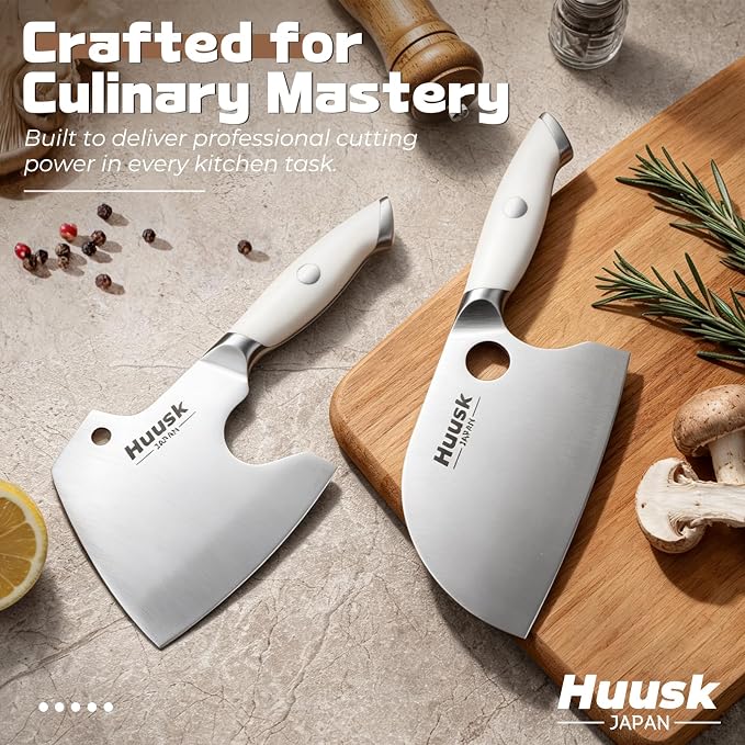 Huusk 2PC Butcher Knife Set - Ultra Sharp Serbian Chef Knife & Full Tang Bone Cleaver with Ivory White Handle, Heavy Duty Japanese Kitchen Axe Premium Gift for Women Men