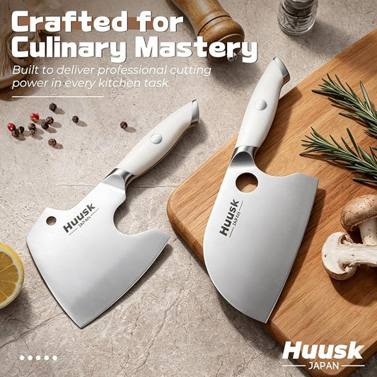 Huusk 2PC Butcher Knife Set - Ultra Sharp Serbian Chef Knife & Full Tang Bone Cleaver with Ivory White Handle, Heavy Duty Japanese Kitchen Axe Premium Gift for Women Men
