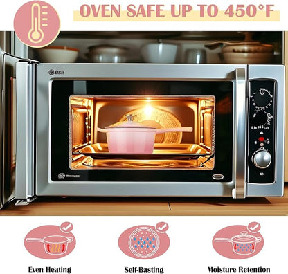 E-far Enameled Cast Iron Sauce Pan with Lid, 1 Quart Dutch Oven Saucepan, Mini Sauce Pot for Cooking, Boiling, Healthy & Non Toxic, Induction & Oven Safe, Pink