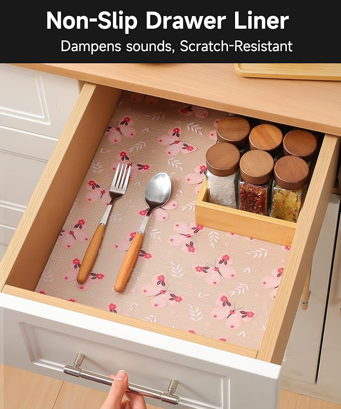 Shelf Drawer Liner for Kitchen Cabinets Non Adhesive - Thickened Kitchen Cabinet Liner - Waterproof Easy to Clean Washable Cabinet Liners for Dresser, Pantry, Cupboard(Pink Butterfly, 11.8"W x 236"L)