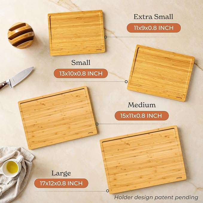 SMIRLY Bamboo Cutting Boards for Kitchen - Wood Cutting Board with Handle and Juice Groove for Meal Prep, Charcuterie - Kitchen Gadgets - Wooden Chopping Board Set of 4 with Holder - Natural Bamboo