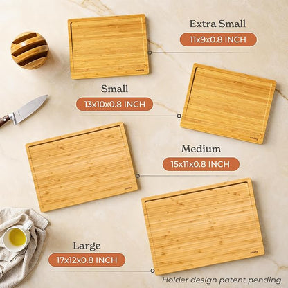 SMIRLY Bamboo Cutting Boards for Kitchen - Wood Cutting Board with Handle and Juice Groove for Meal Prep, Charcuterie - Kitchen Gadgets - Wooden Chopping Board Set of 4 with Holder - Natural Bamboo