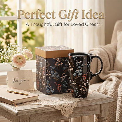 Topadorn 17oz Ceramic Travel Mug with Lid and Handle, Black Floral Coffee Cup, Tall Porcelain Mug, Microwave & Dishwasher Safe, Gift Box Included