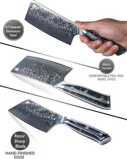Chopping Knife - 7 inch Cleaver Knife- Xuan Series - VG10 Damascus Steel Kitchen Knife - Resin Handle (Starry Black)