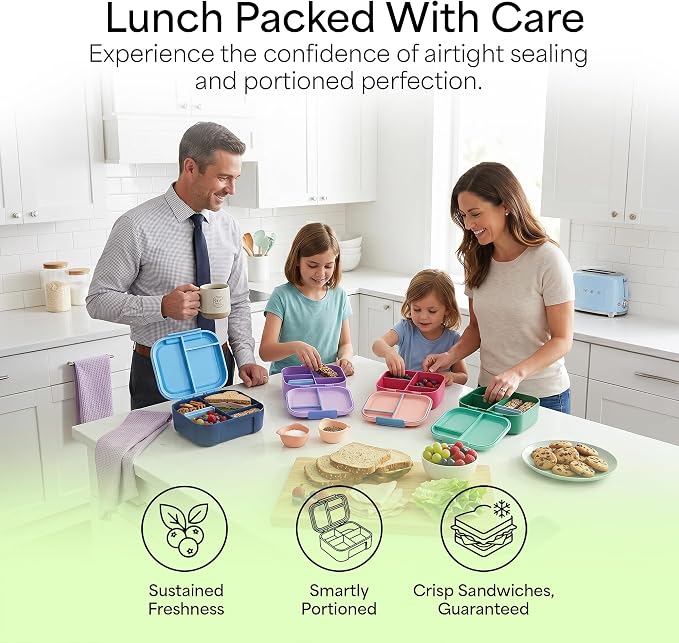 KARRICO Leakproof Lunch Box – 3-Compartment Bento Box, Cooler Pack & Adjustable Divider, Extra Large & BPA-Free – Dishwasher Safe, Ideal for On-the-Go Meals, Lilac & Blue