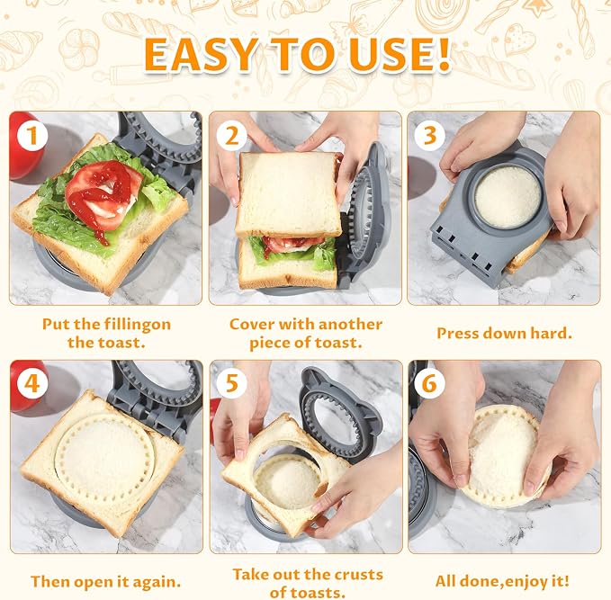 CHICHAUS Uncrustable Sandwich Maker,Sandwiches Pocket Circle Shape 3.7Inch Sandwich Cutter and Sealer,Sandwich Cutter for Kids Breakfast and lunchboxes (grey)
