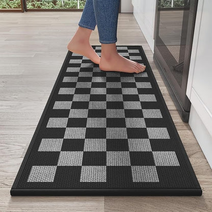 YDKGL Kitchen Mats for Floor Kitchen Rugs Non Slip Washable, Super Absorbent Linen-Look Woven Runner Rug, Kitchen Sink Mat Standing Mat, Black Gray Checkered 17"x47"