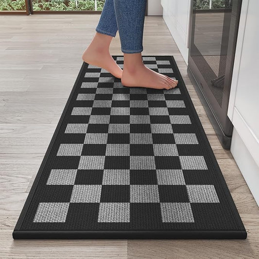 YDKGL Kitchen Mats for Floor Kitchen Rugs Non Slip Washable, Super Absorbent Linen-Look Woven Runner Rug, Kitchen Sink Mat Standing Mat, Black Gray Checkered 17"x47"