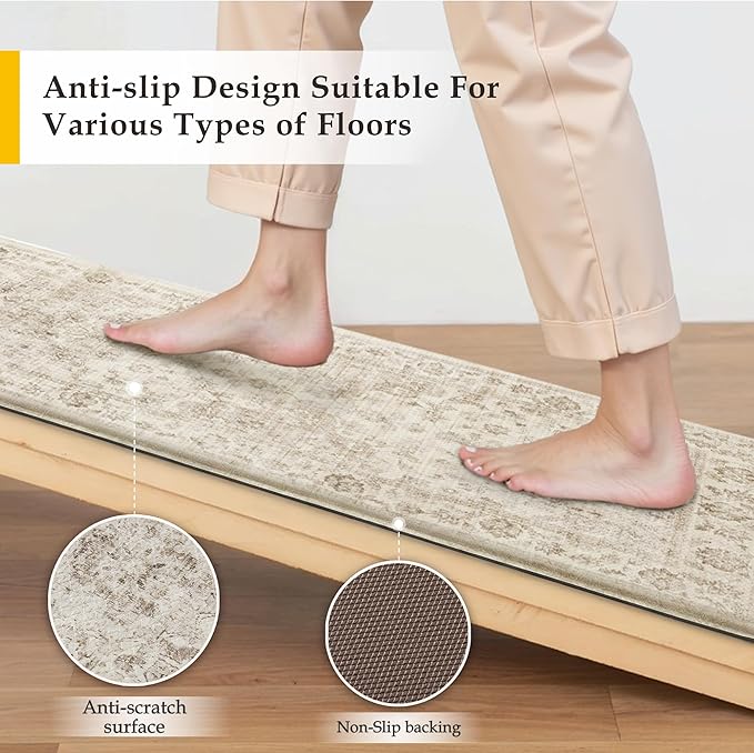 Anti Fatigue Kitchen Mat Beige Neutral Mats for Cushioned Vintage Kitchen Mats for Floor Non-Slip Waterproof Comfort Standing Rug for Sink Laundry Office 17.3"×30"