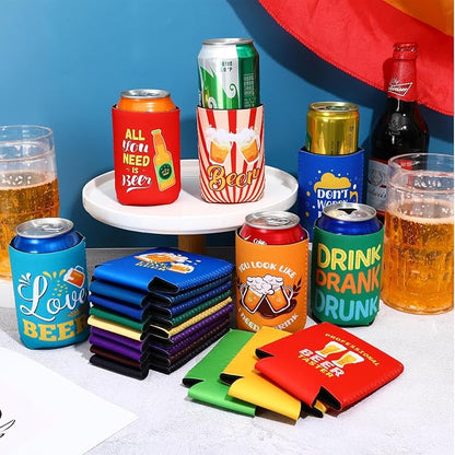 18 Pack Beer Can Cooler Sleeves Beer Can Bottle Cooler Collapsible for Holiday Father's Day Beach Themed Party Cans Bottles Decorations Office Bar Supplies Favors
