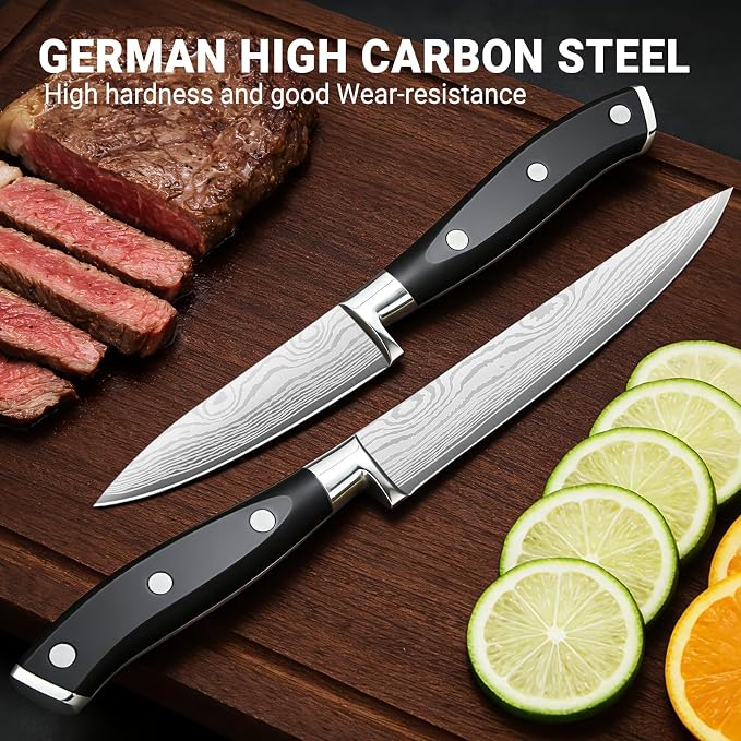 Razor Sharp 2PCS Small Kitchen Knife Set, 5 inch Utility Knife and 3.5 inch Paring Knife, High Carbon Steel Damascus Pattern Japanese Chef Knife with Full Tang Handle Design for Home Kitchen