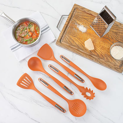 Restaurantware Silicone Utensil Set Pack of 10 Non-Slip Handle 6-Piece Kitchen Tool Set, Heat-Resistant Dishwasher-Friendly Cooking Accessories, Durable Orange Cooking Utensils