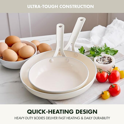 GreenPan Nova 2-Piece Nonstick Frying Pan Set, 8” & 10” Skillets, PFAS-Free Ceramic Cookware, Durable Fast Heating, Induction Ready, Omelet & Eggs, Oven Safe to 600F, Dishwasher Safe, Cream White