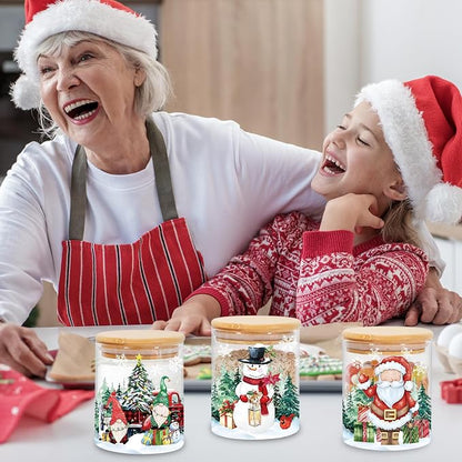 JarThenaAMCS 3Pcs Christmas Glass Storage Jars with Airtight Lid Watercolor Snowman Santa Gnome Decorative Canisters Sets for Winter Xmas Home Kitchen Countertop