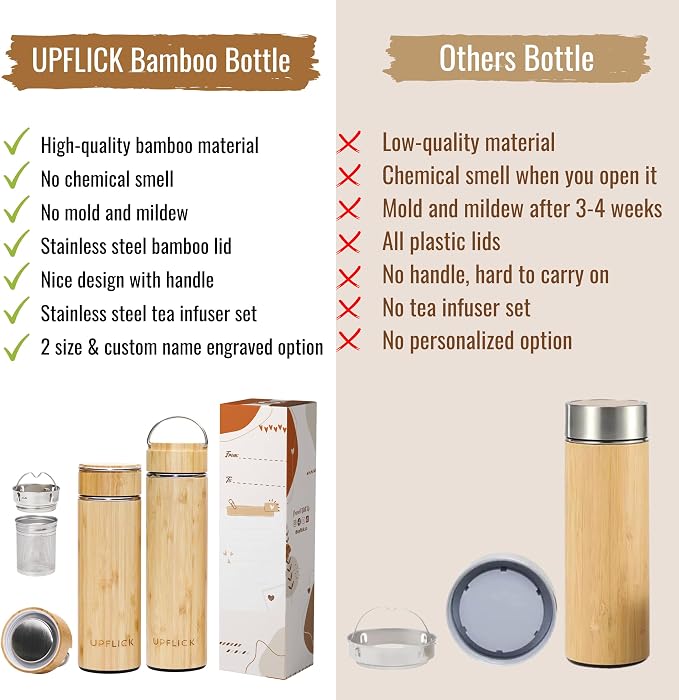 Custom Bamboo Water Bottle Personalized Bamboo Tumbler Engraved with Tea Infuser Insulated Bamboo Tea Infuser Mug Unique Gifts for Women, Mom, Coworkers (Birth Flower+Signature) (Style A)