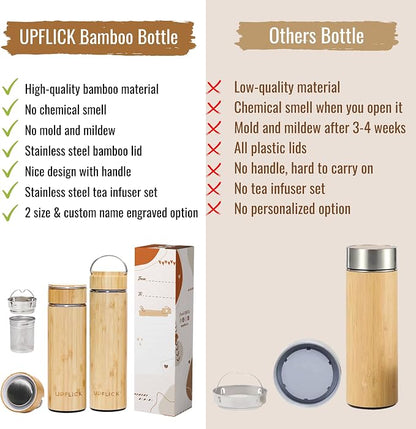 Custom Bamboo Water Bottle Personalized Bamboo Tumbler Engraved with Tea Infuser Insulated Bamboo Tea Infuser Mug Unique Gifts for Women, Mom, Coworkers (Birth Flower+Signature) (Style A)