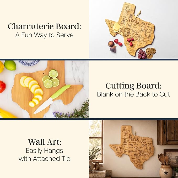 Totally Bamboo Destination Texas State Shaped Bamboo Cutting Board, Charcuterie and Serving Board for Kitchen with Hang Tie for Wall Display