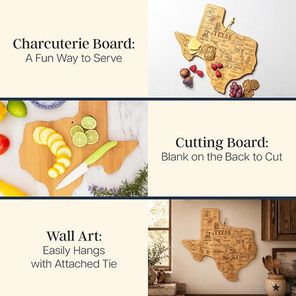 Totally Bamboo Destination Texas State Shaped Bamboo Cutting Board, Charcuterie and Serving Board for Kitchen with Hang Tie for Wall Display
