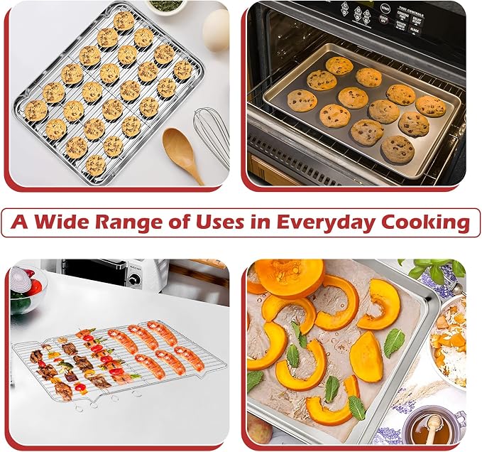 Baking Sheet with Rack Set (2 Pans + 2 Racks), 12 x 16 x 1 Inch Stainless Steel Heavy Duty Cookie Sheet with Wire Cooling Rack for Oven and Dishwasher Safe