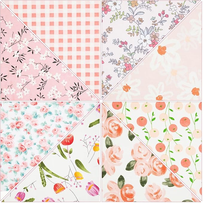 Tatuo 30 Pcs 10 x 10 Inches Pink Floral Cotton Fabric Bundle Squares Patchwork Floral Fabric Sewing Quilting Bundles Assorted Pattern Cloth for DIY Scrapbook Craft Making
