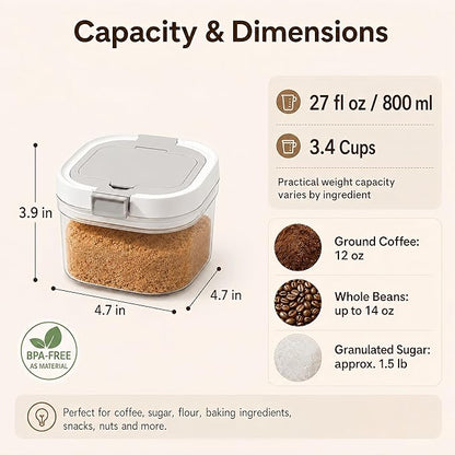 Airtight Brown Sugar Container with Spoon - 27 Fl Oz (800ml) Clear Storage Jar for Pantry - BPA-Free AS Material Perfect for Ground Coffee (Holds 12 oz Weight), Beans, Flour & Tea