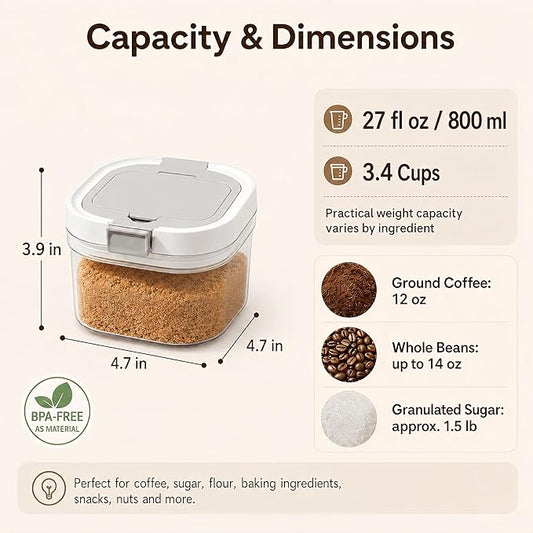 Airtight Brown Sugar Container with Spoon - 27 Fl Oz (800ml) Clear Storage Jar for Pantry - BPA-Free AS Material Perfect for Ground Coffee (Holds 12 oz Weight), Beans, Flour & Tea