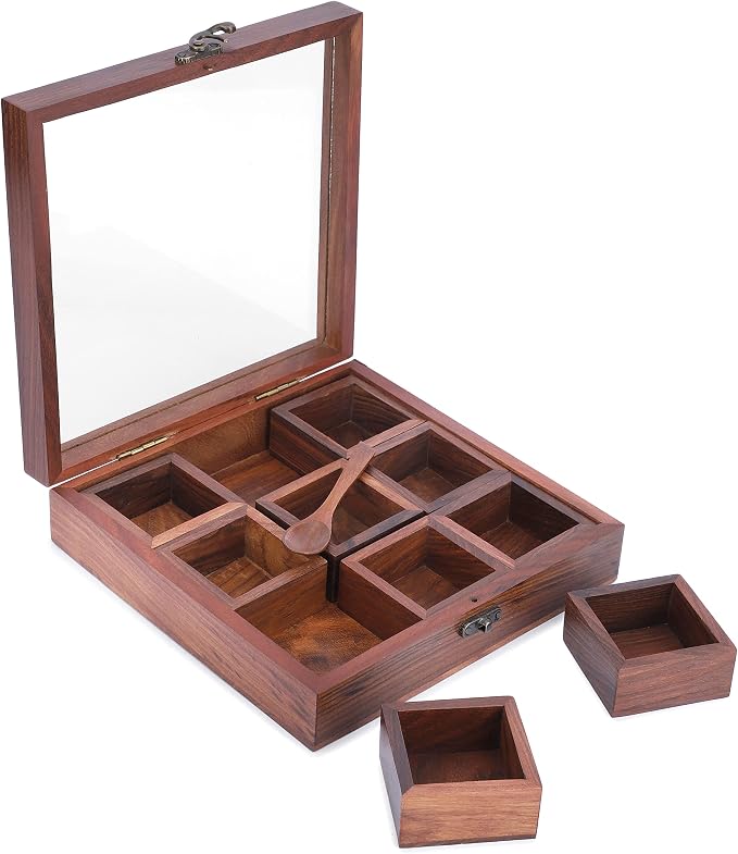 Ajuny Wooden Spice Box 9x9 Inch - Decorative Masala Dabba Organizer with Glass Lid, 9 Compartments & Spoon, Spice Storage Container, Ideal for Seasonings & Herbs, Perfect for Gift