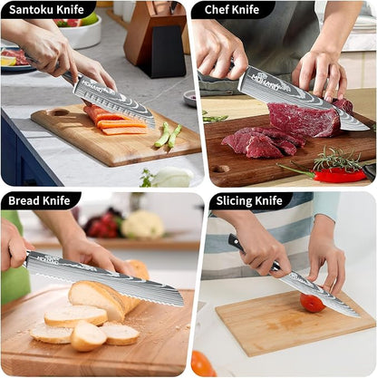 MDHAND Chef Knife Set with Roll Bag, 9PCS Professional Knife Set with Sharpener, High Carbon Stainless Steel Japanese Kitchen Knife Set - Forged Triple Rivet Handle, Dishwasher Safe, Chef Gifts, Black
