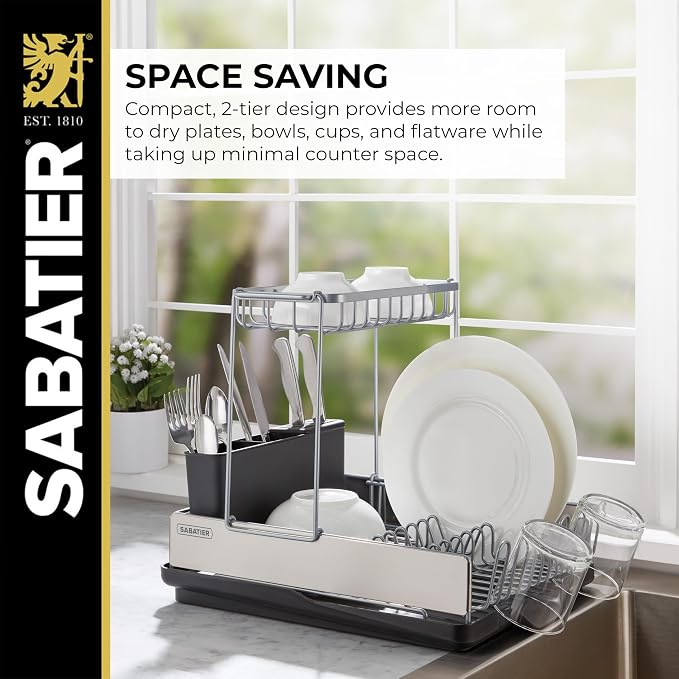 Sabatier Dish Drying Rack with Second Tier, Rust Resistant Wires and Angled Drain Board, Utensil Caddy Compact Dish Drying Rack