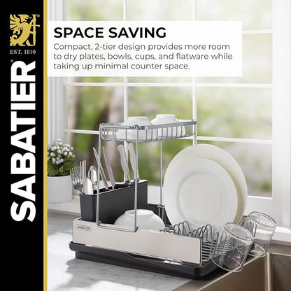 Sabatier Dish Drying Rack with Second Tier, Rust Resistant Wires and Angled Drain Board, Utensil Caddy Compact Dish Drying Rack