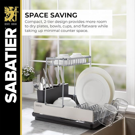 Sabatier Dish Drying Rack with Second Tier, Rust Resistant Wires and Angled Drain Board, Utensil Caddy Compact Dish Drying Rack