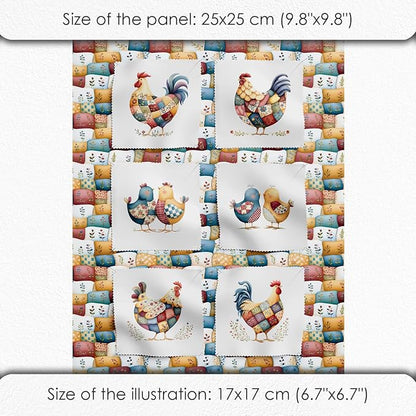 Farmhouse Chicken Patchwork Cotton Fabric Panel – 6 Designs (10×10 inch Each) + Bonus Patchwork Sheet 29.5×19.6 inch, 100% Cotton 140 GSM