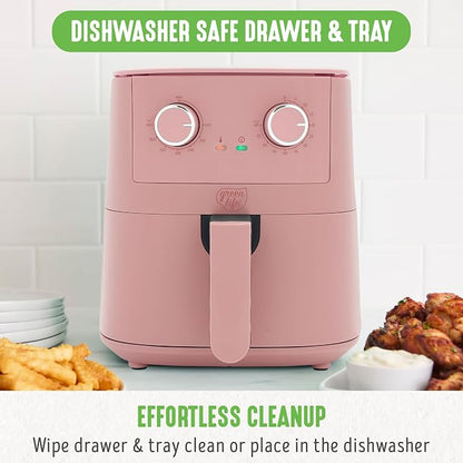 GreenLife 4.5QT Air Fryer, Mechanical Dial Controls, PFAS-Free Ceramic Nonstick Drawer, Adjustable Temp & Timer, LED Indicator, Oil-Less Cooking, Dishwasher Safe, Compact Family Size, Pink