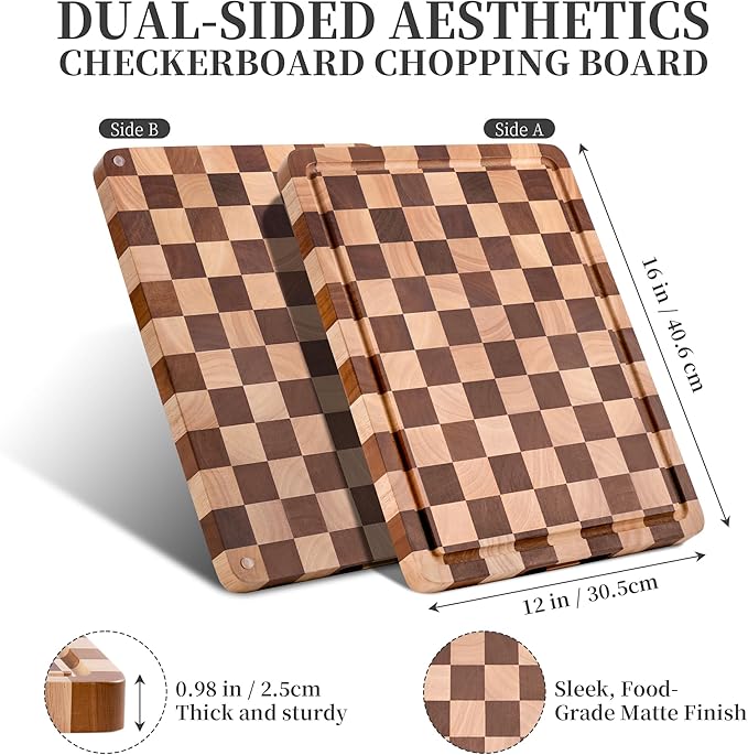 WILLKOMMEN Checkered Cutting Board for Kitchen– Wood Checkerboard End Grain Chopping Board 1" Thick Butcher Block with Juice Groove & Handle, Reversible for Cooking and Serving (Rectangular)