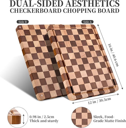 WILLKOMMEN Checkered Cutting Board for Kitchen– Wood Checkerboard End Grain Chopping Board 1" Thick Butcher Block with Juice Groove & Handle, Reversible for Cooking and Serving (Rectangular)