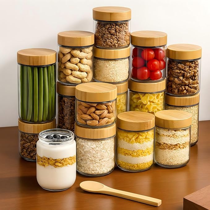 TBWIND 4 Pack 24oz Glass Jars with Bamboo Lids, Spoons, Airtight Overnight Oats Containers, Wide Mouth Mason Jars, Food Storage Container for Yogurt Salad Snacks Spice Sugar Meal Prep – Reusable