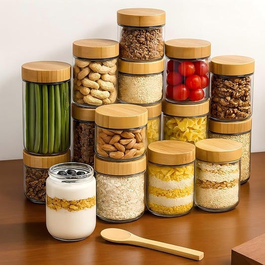 TBWIND 4 Pack 24oz Glass Jars with Bamboo Lids, Spoons, Airtight Overnight Oats Containers, Wide Mouth Mason Jars, Food Storage Container for Yogurt Salad Snacks Spice Sugar Meal Prep – Reusable