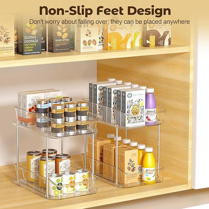 Incostar 2 Tier Pull-Out Organizer for Bathroom Kitchen, Under Sink Storage with Dividers, Ideal for Cabinet, Cupboard Organization, Slide-Out Clear Storage, 2 Pack