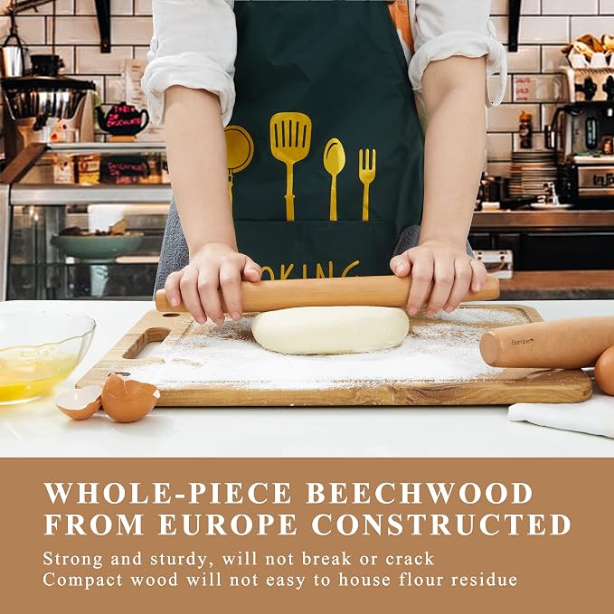 Bamber Wood French Rolling Pin for Baking Small Wooden Rolling Dowel Stick Dough Roller for Cookie Dumpling Pastry Pizza Tortilla, 13.4'' by 1.2''