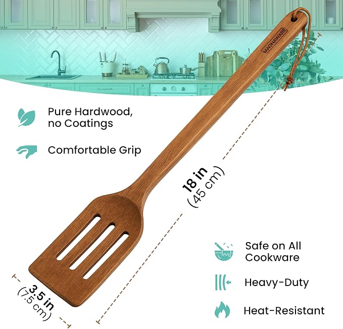 18 Inch Long Wooden Slotted Spoon for Cooking, Acacia Wood Spoon with Holes (Slotted Spatula)