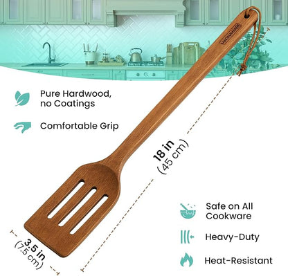 18 Inch Long Wooden Slotted Spoon for Cooking, Acacia Wood Spoon with Holes (Slotted Spatula)